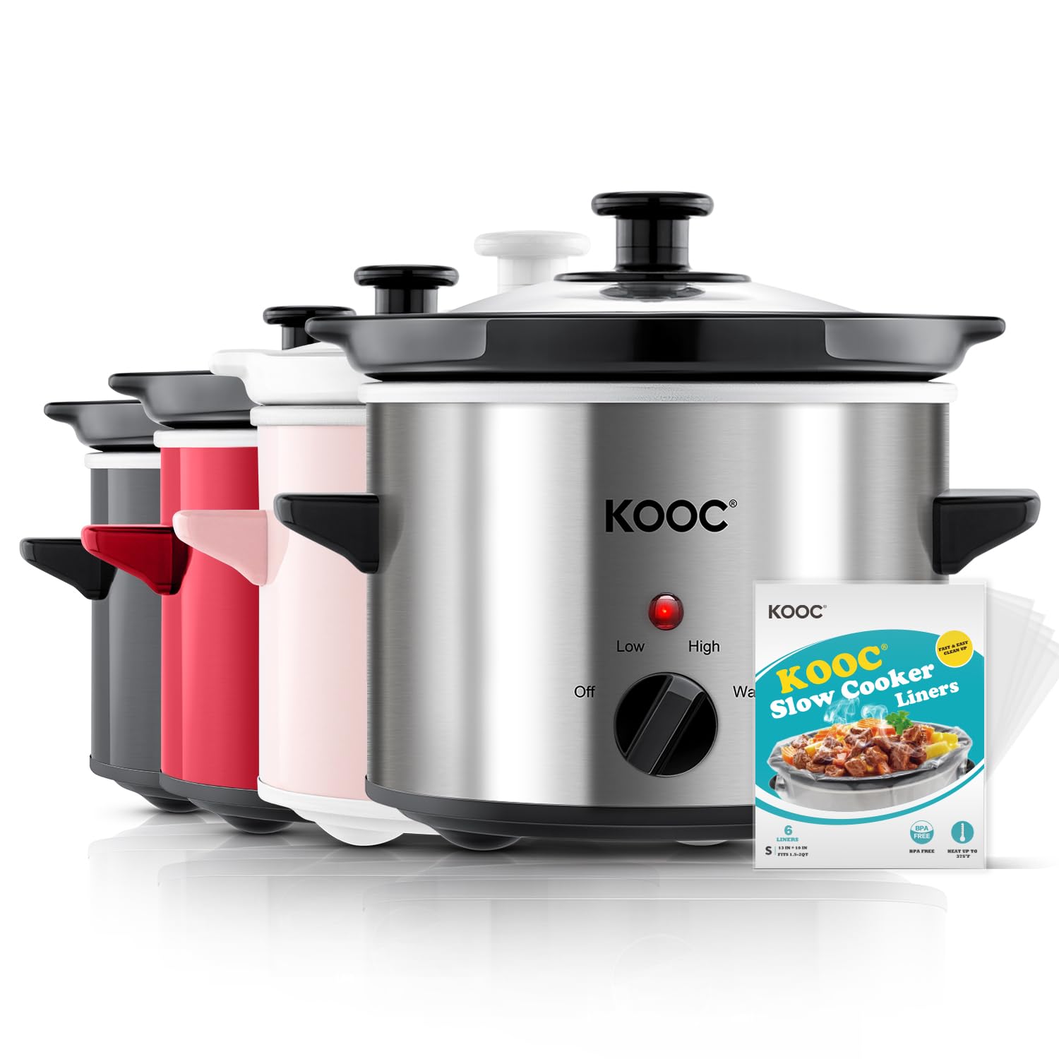 Photo 1 of *MINOR DAMAGE** KOOC Small Slow Cooker, 2 Quart, Free Liners Included for Easy Clean-up, Upgraded Ceramic Crock, Adjustable Temp, Nutrient Loss Reduction, Stainless Steel, Silver, Round