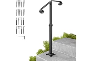 SPACEEUP handrails for Outdoor Steps Single Post handrail Black Step Handrail Stair Railing Fit for 1-2 Steps Wrought Iron Handrail Grab Rail Single Post Railing Kit with Base Plate 38.8"X20.5"