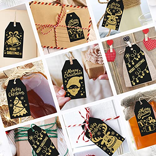 SallyFashion Christmas Gold Foil Gift Tags, 120PCS Christmas Gold Foil Hot Stamping Gift Tags with Twine Strings Hang Labels for Christmas Birthdays Holidays Weddings