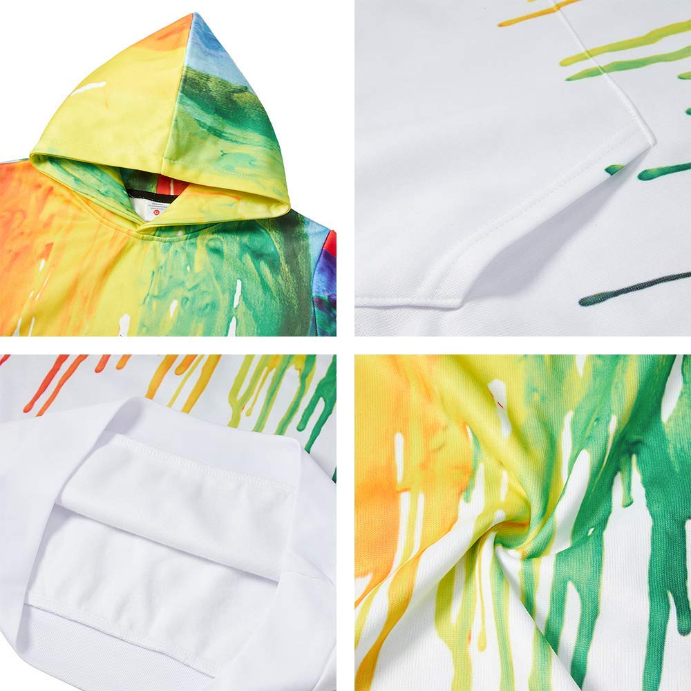 Unisex Teens Girls Boys Hoodies Hip Pop Hoody 3D Splash Rainbow Ink Novelty Pullover Long Sleeve Front Pocket Sweatshirt for Party Sports School Medium 5-6 Years