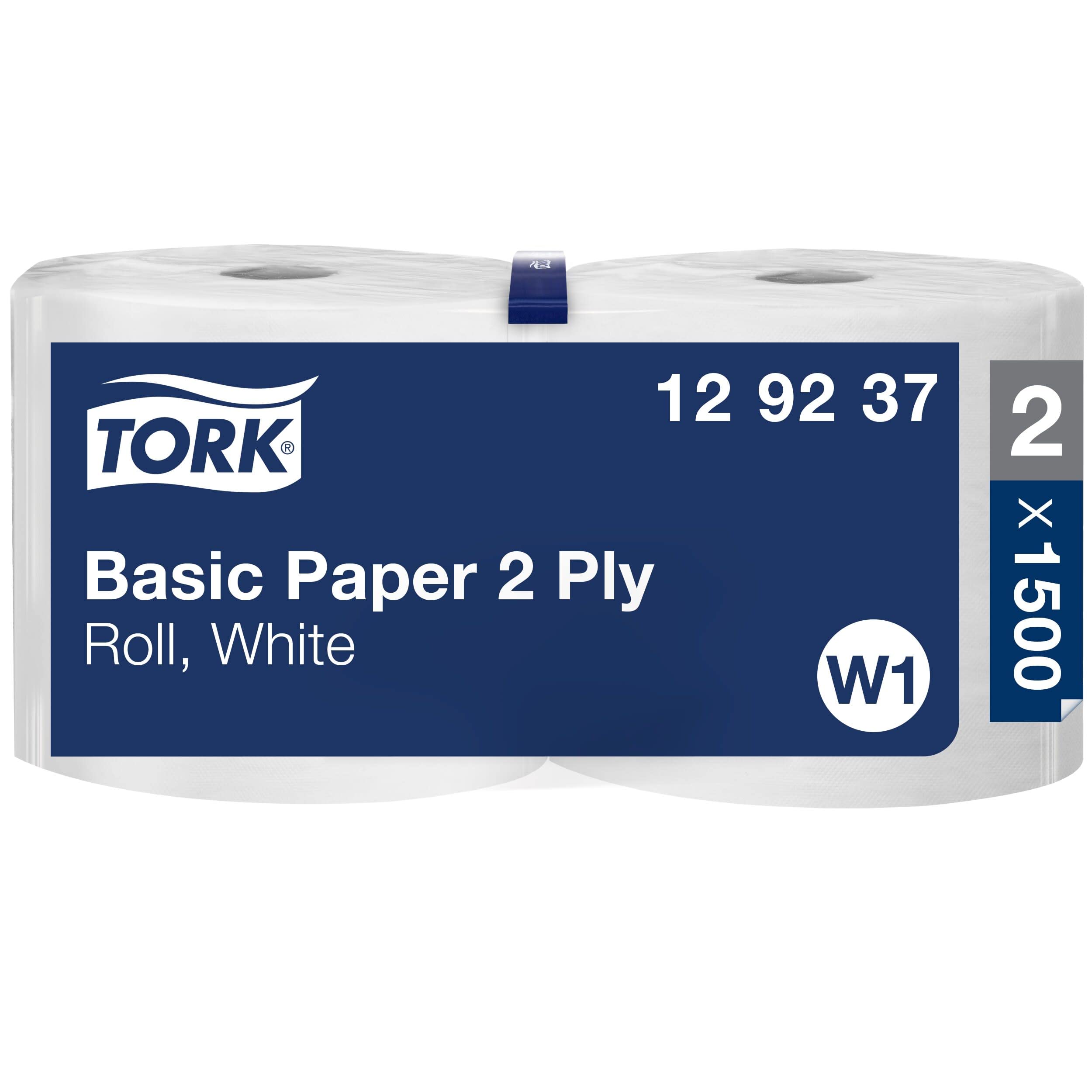 Tork 129237 Basic Paper 2 Ply / Absorbent, Recycled Paper Roll Suitable for Tork W1 Wipers Wall/Floor/Standard System / White / 2 x 510m / Ø 31.5cm