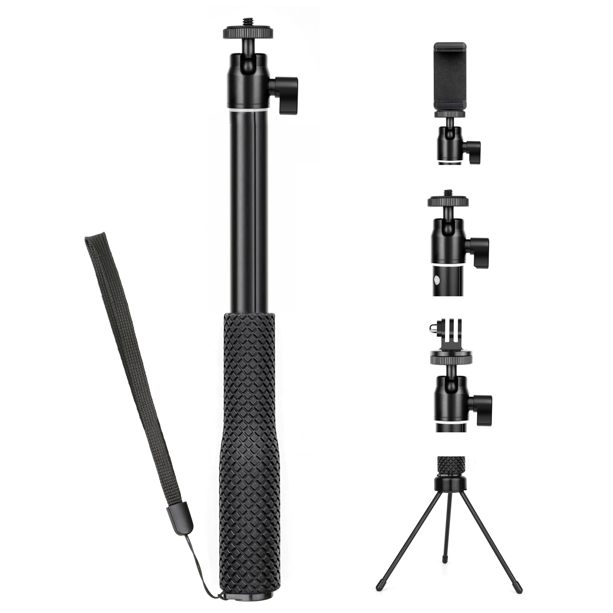 GEPULY 37''Waterproof Handle Grip 360°Ballhead Underwater Selfie Stick Pole Included Tripod Stand+Phone Holder Lightweight 2in1 for Camera+Smartphone for Gopro Insta360 AKASO Vlog Diving Monopod