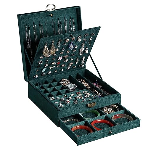 GYJOYERO Women Jewelry Box Lockable Layers Large Jewelry Organizer  Storage Case for Earrings Necklaces Rings Bracelets,Green Display Jewel  Holder