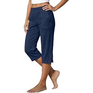 Women Cotton Linen Capri Pants, Elastic Waist Split Button Straight Leg Lightweight Work Trousers with Pockets