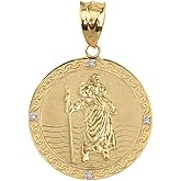 Solid 10k Gold Saint Christopher Diamond Round Medal Catholic Protection Pendant (1")