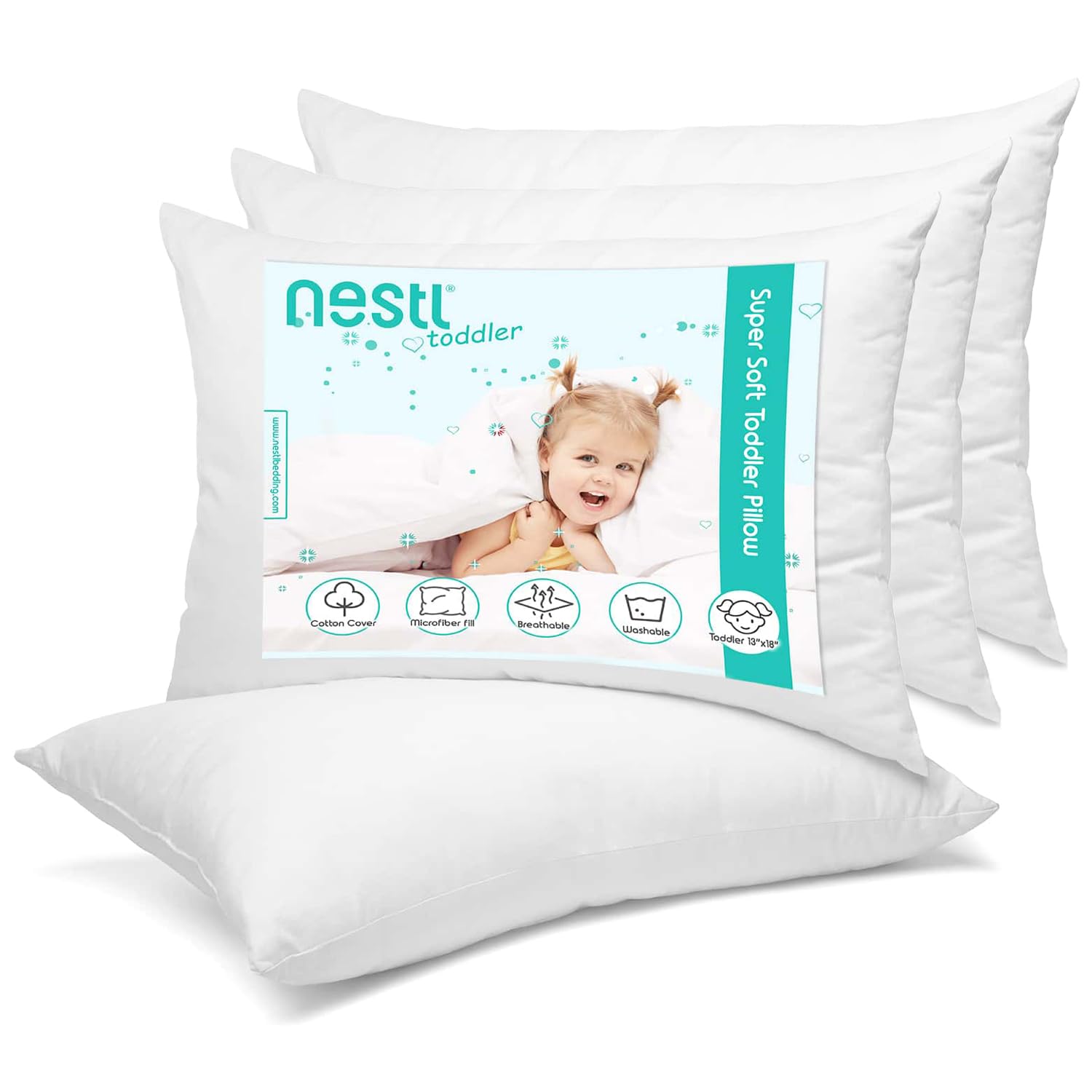 Photo 1 of Nestl 4 Pack Toddler Pillow for Sleeping 13 x 18, Small Kids Pillow for Travel, Car, School, Nap, & Toddler Bed, Machine Washable Soft Cotton Toddler Pillow 2 Year Old and Up - WhiteLPNPMEY7196710
