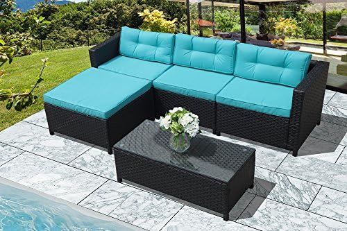 Super Patio Outdoor Patio Furniture Set, 5pc Outdoor PE Wicker Rattan Sectional Furniture Set with Blue Seat and Back Cushions, Steel Frame, Black