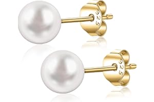 ACELAY 18k Gold Plated Sterling Silver Stud Earring | Pearls Earrings Studs AAA+ Quality Handpicked Freshwater Round Cultured Pearl | Hypoallergenic Earrings Gold Ball Stud Earrings for Women