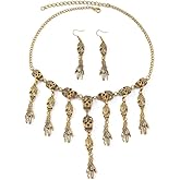 OIDIMS Vintage Skull with Tassel Skeleton Hand Necklace Earring Jewelry Set for Women Punk Dangle Drop Earrings Charm Dark Ghost Hand Choker Vampire Jewelry for Halloween Party Gothic Rock Accessory