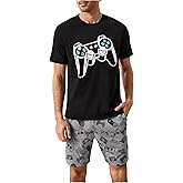 Verdusa Men's Pajamas Set 2 Piece Pjs Sets Short Sleeve Letter Print Tee and Short Lounge Set