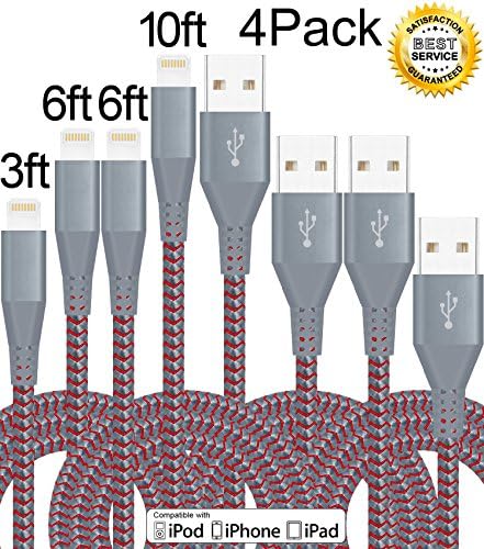 Beyoner 4Pack 3ft 6ft 6ft 10ft iPhone Charging Cord USB Cable Nylon Braided Lightning Cord for iPhone 7, 7 Plus,SE, 6,6s,6 plus,6s plus,5c,5s,5,iPad Air,Mini,iPod Touch (Red and Grey)
