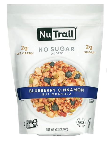 LOW KARB NUTRAIL, KETO BLUEBERRY NUT GRANOLA HEALTHY BREAKFAST CEREAL, LOW CARB SNACKS & FOOD, ALMONDS, PECANS, COCONUT AND MORE, 2G NET CARBS, 1.37 LB, 22 OZ
