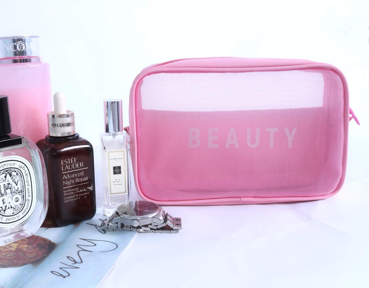 High-end Travel multi-function cosmetic bag portable go out storage container Toiletries Organizer translucent mesh bag Home essentials Quickly Pass security check-Pink(Large)