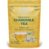 Hyleys Chamomile Tea Organic, Caffeine Free Herbal Tea, 100 Tea Bags | Whole Chamomile Flower, Caffeine Free, USDA Organic &amp; Gluten Free, No Added Sugar, Individually Wrapped Foil Bags