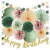 Olive Sage Green and Dusty Pink Birthday Decorations Girl Sage Green and Dusty Rose Birthday Decorations Women Beige Paper Fans Blush Pink Pom Poms Lanterns Party Decor Kit with Banner Gold