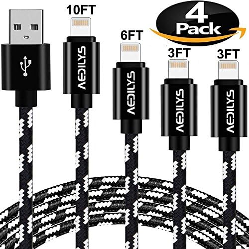 iPhone Charger, AEDILYS 4 Pack [10FT 6.6FT 3.3FT 3.3FT] Nylon USB Charging &amp; Syncing Cord Charger for iPhone X / 8 / 8 Plus / 7 / 7 Plus / 6 / 6 Plus / iPad and more (Black)