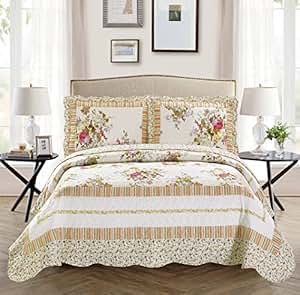 Amazon.com: Fancy Collection 3pc Bedspread Bed Cover Floral Off White Green Purple Green Pink 