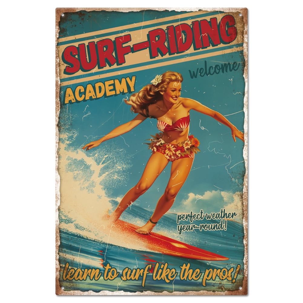 GLOBLELAND Vintage Pin Up Lady Metal Tin Sign 8×12inch Retro Sea Surf Funny Tin Room Door Sign Cave Signs Art Plaque Poster Wall Decor for Home Bars Cafe Pubs Club Decoration