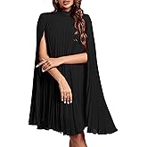 Rooscier Women's Mock Neck Cloak Sleeve Pleated Keyhole Back Flowy Party Midi Dress