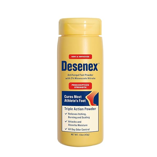 DESENEX ANTI-FUNGAL FOOT POWDER, CURES MOST ATHLETE’S FOOT, 2% MICONAZOLE NITRATE, HELPS RELIEVE ITCHING, BURNING AND SCALING, ATTACKS AND ABSORBS MOISTURE, ALL DAY ODOR CONTROL, 1.5OZ