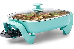 NOZAYA 12" Ceramic Nonstick Electric Skillet - Square with Glass Lid, Dishwasher Safe, Turquoise