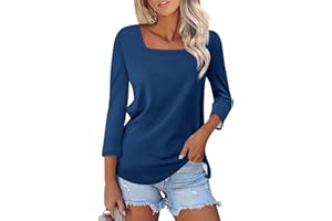 ROKIACDE 3/4 Length Sleeve Tops Women,Elbow Sleeve Workout Shirts Plain Basic Gym Blouse Square Neck Tunic Top Summer 2024