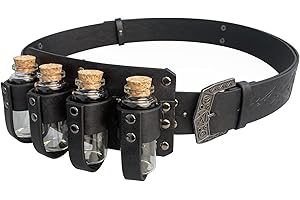 HiiFeuer Medieval Embossed Alchemy Faux Leather Buckle Belt with 4 Cork Vials, Fantasy Wizard Potion Bottles Belt