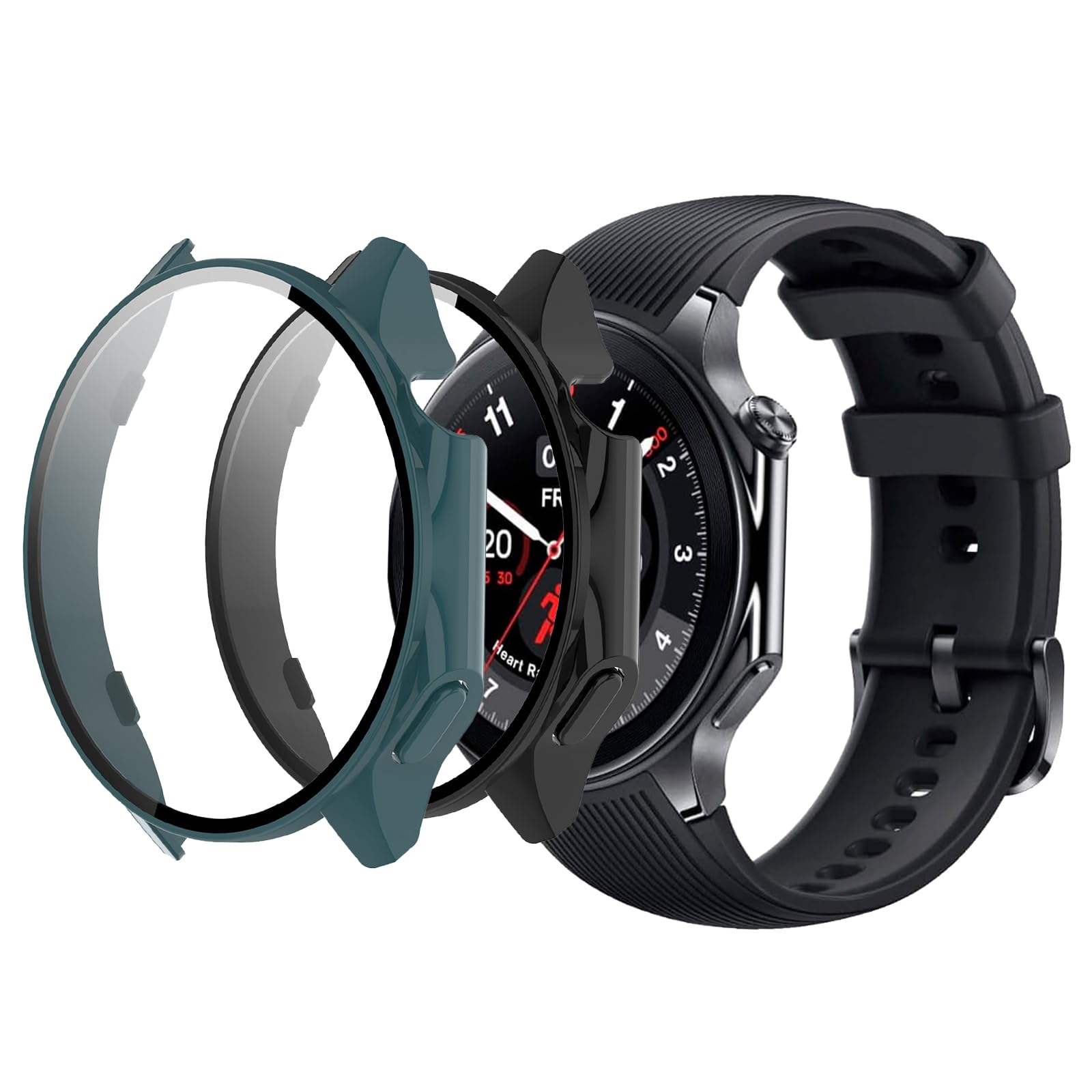 KUSINHOKA [2Pack] Case for OnePlus Watch 2/Oppo Watch X Tempered Glass Screen Protector，PC Hard Case Tempered Glass Screen Protection Cover Slim Full Cover Scratch Proof Protector，Black+Green.