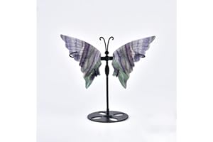 JIC Gem Rainbow Fluorite Crystal Butterfly Art Angel Wings Sculpture Carving,Green Healing Crystal Butterfly Ornaments Energy Decorative Stone Reiki Gifts (1pair, 10cm)
