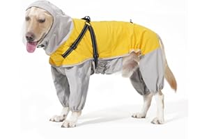 LIANZIMAU Waterproof Dog Raincoat 4 Legs with Leash Hook Reflective Adjustable Belly Strap Clear Hood Lightweight Polyester for Small Medium Large Dogs