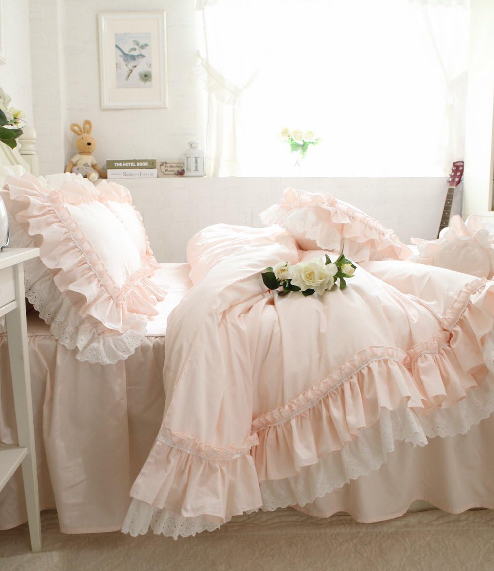 Lotus Karen Alina Light Pink Bedding Set - Shabby Chic White Petticoat Eyelet Ruffles 100% Cotton 4-Piece Full Size Girls Bedding(1Duvet Cover /1Bedskirt /2Pillowcases)