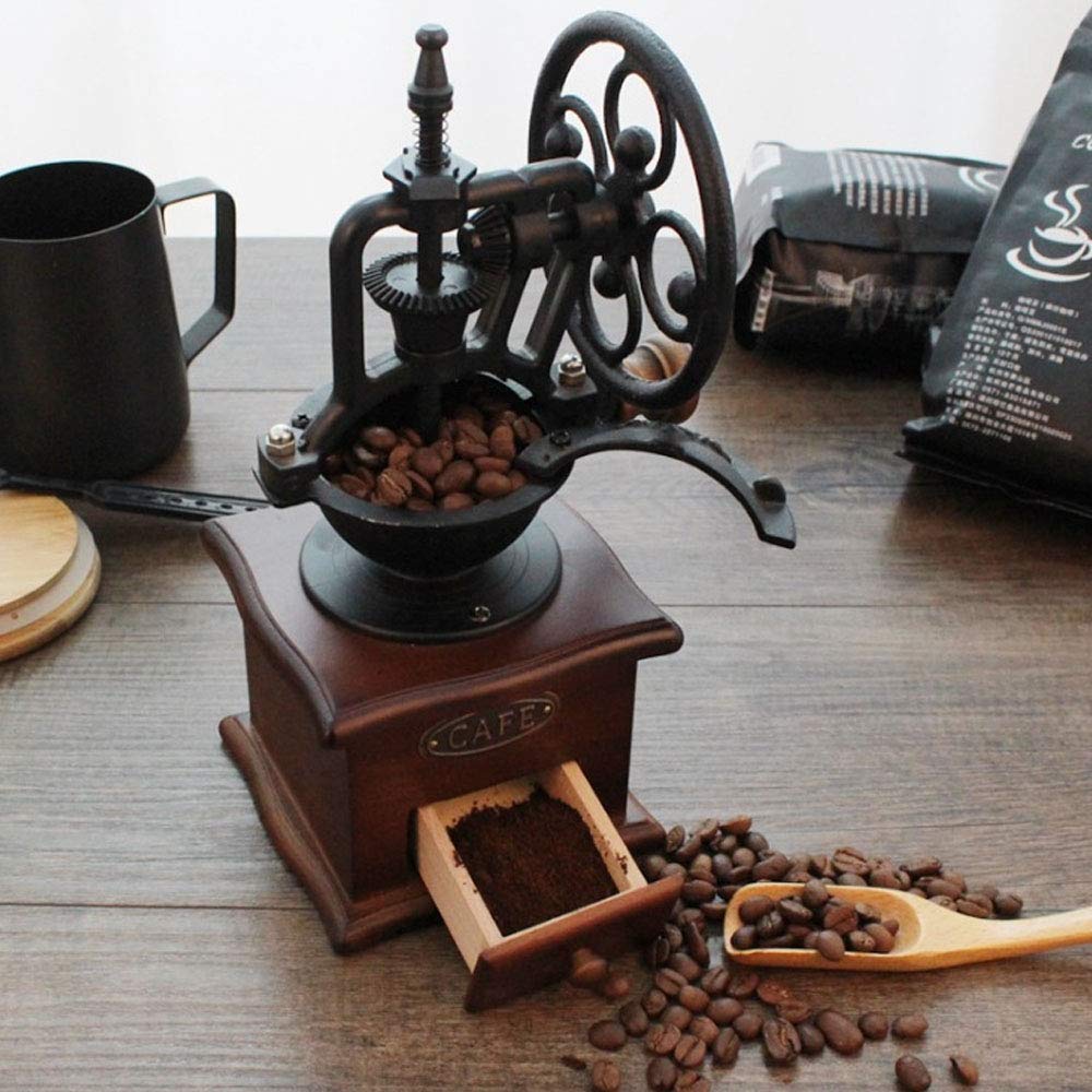 moon-1 Manual Coffee Grinder Antique Cast Iron Hand Crank Coffee Mill With Grind Settings & Catch Drawer