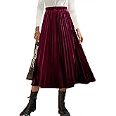 HERBATOMIA Women’s High Elastic Waist Skirt Pleated A Line Swings Midi Velvet Skirts for Women