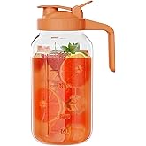 Glass Mason Jar Pitcher, 64 oz Wide Mouth Jug with Pour Spout Handle Lid for Cold Brew Coffee, Ice Beverage, Iced Juice, Lemonade, Sun Tea, Fruit Drinks Container（Orange）