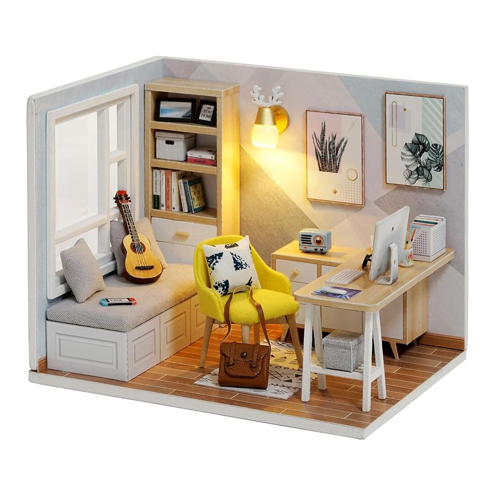 Dhqkqg DIY Miniature House Kit, Miniature Dolls House Kit with Furniture and Dust Cover, DIY Cabin Sunshine Study 1:32, Wooden Dollhouse Kit with LED Lights, Handmade Crafts Mini House for Teens Adult