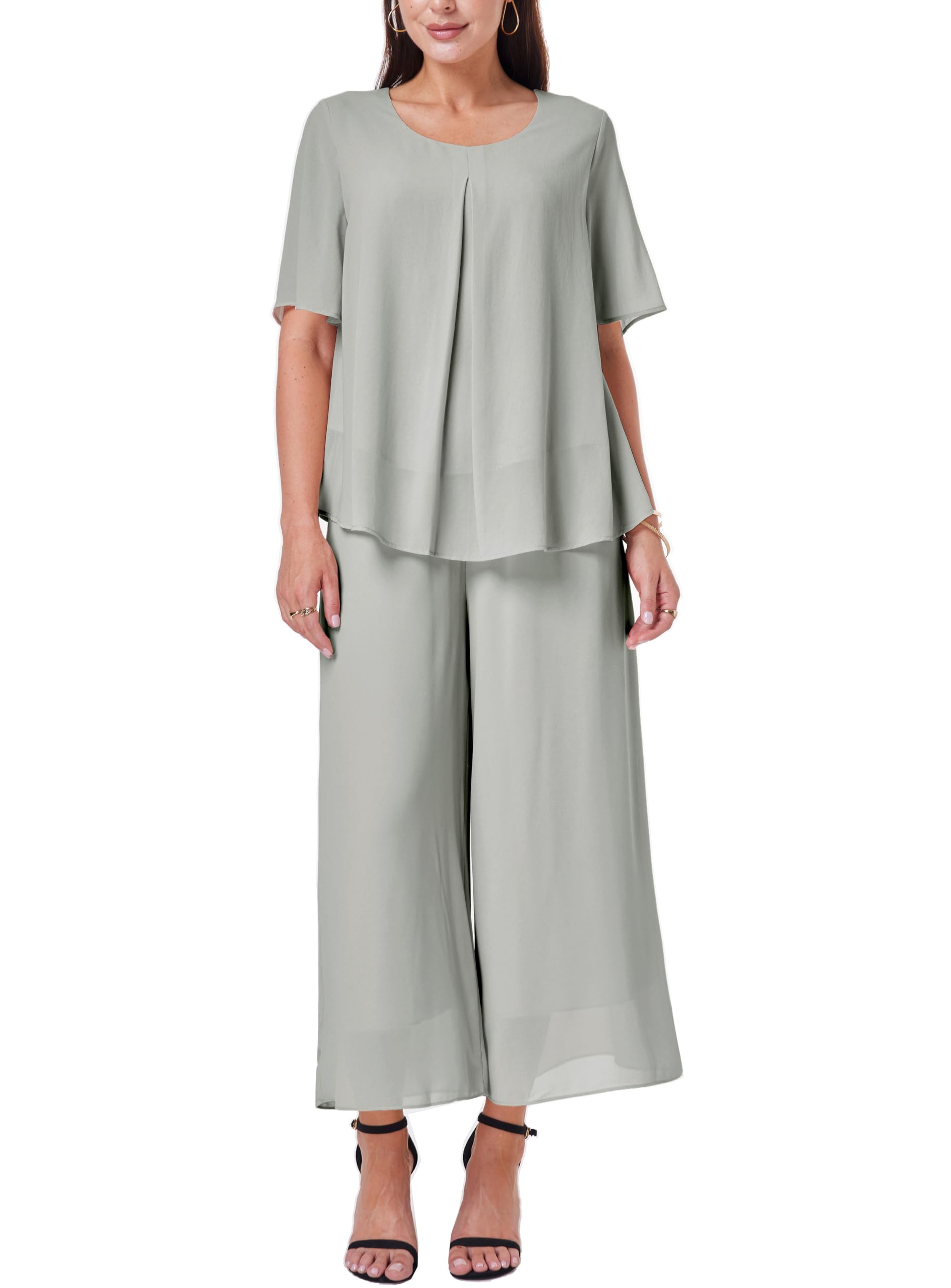 Photo 1 of Women's 2 Piece Chiffon Sets Outfits Flowy Summer Casual Dressy Pantsuits Loose Double Layers Blouse Pants Sets Light Grey