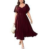 SCOMCHIC Women's Plus Size Wedding Guest Cocktail Dresses Sweetheart Neckline Ruffle Sleeve A Line Maxi Dress