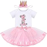 IBTOM CASTLE Baby Girl One Year Old Birthday Floral Lace Party Cake Smash Romper+Tutu Skirt Set+Crown Photo Shoot Clothes