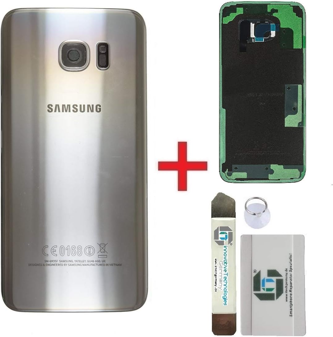 iTG® Original Battery Cover Repair Set for Samsung Galaxy S7 EDGE Silver Titanium – Original Samsung Rear Panel for SM-G935F + 3M Pre-Cut Adhesive + Tool Set