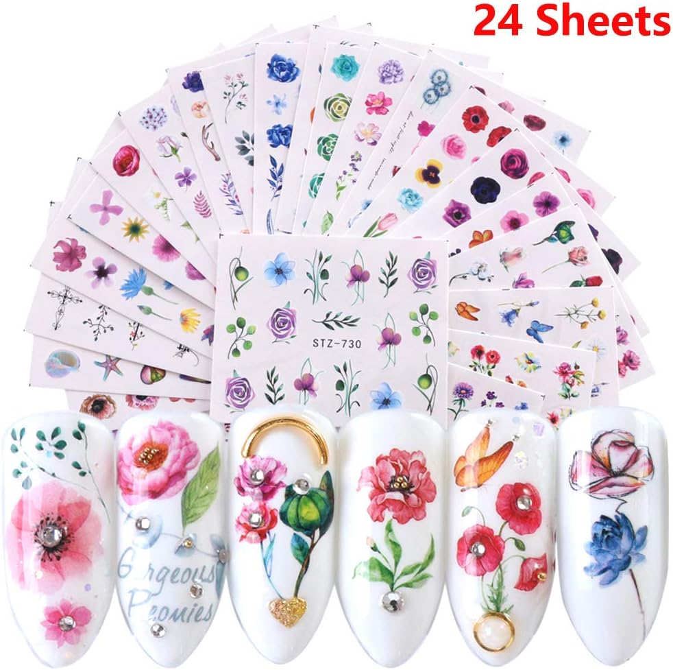 Nail Art Stickers Supplies Nail Decals for Women 24 Sheets Water Transfer Nail Tattoo Stickers Rose Flower Cactus Leaf Summer Series Design Manicure Tips Acrylic Nail Art Decorations Accessories