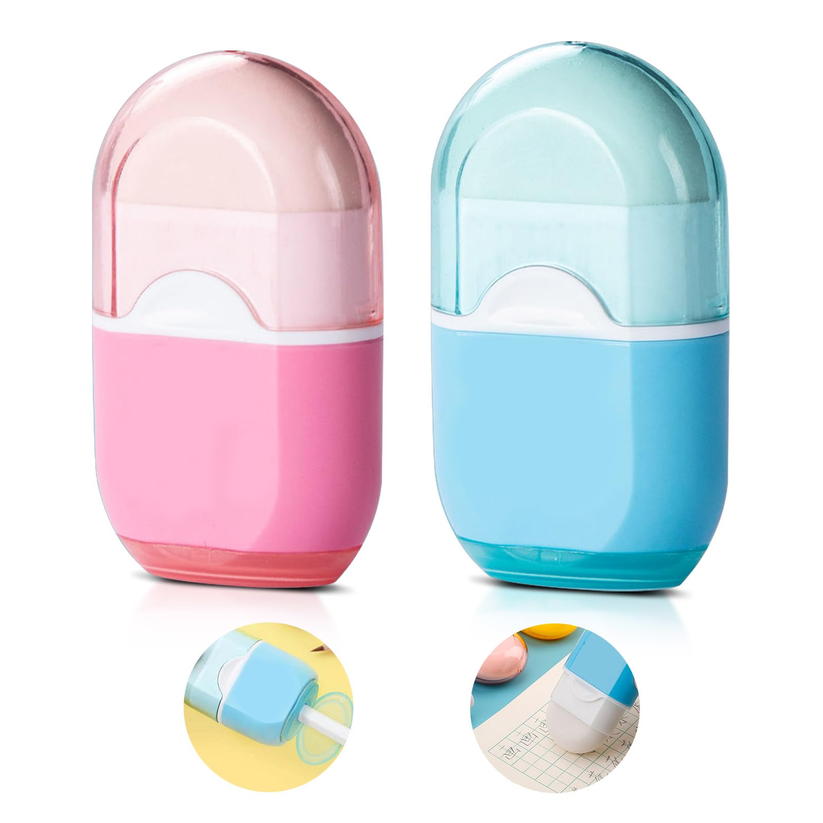 2 Pcs Manual Pencil Sharpener with Eraser Pencil Sharpener with Container Mini 2-in-1 Pencil Sharpener Manual Pencil Sharpeners for Adults School Home Office Supplies (Colourful)