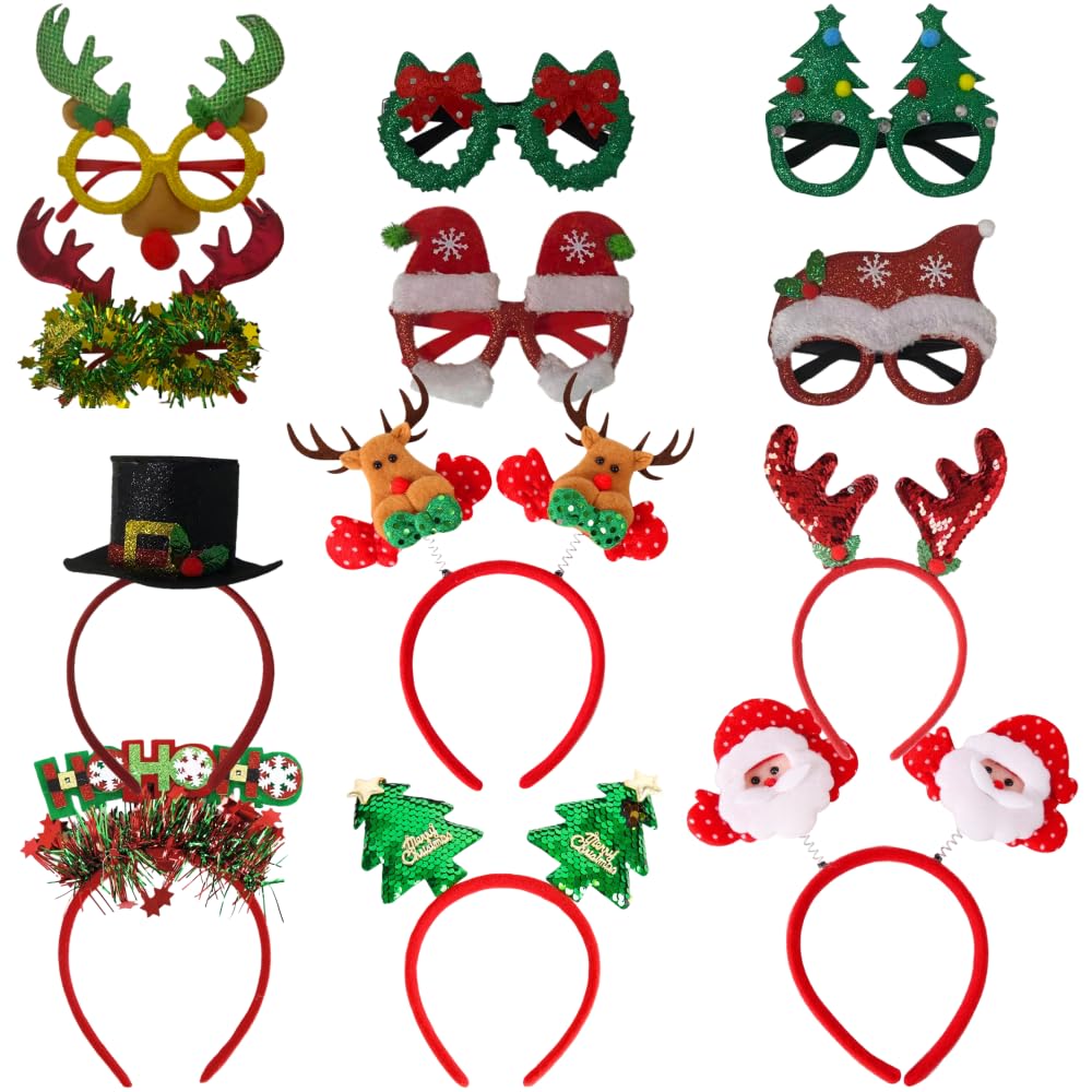 Zynthytic 12 Pcs Christmas Headbands and Glasses Christmas Party Favors 12 pcs Xmas Glasses Frame Christmas Hat Santa Xmas Tree Reindeer Headband and Glasses Photo Booth