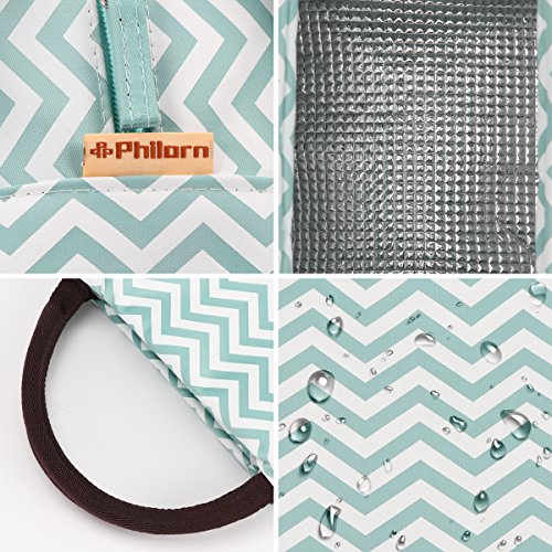 Philorn Reusable Insulated Lunch Bag Sturdy Oxford Box Tote with Zipper for Men, Women, Adult, Kid, School and Work (Light Blue with Waves)