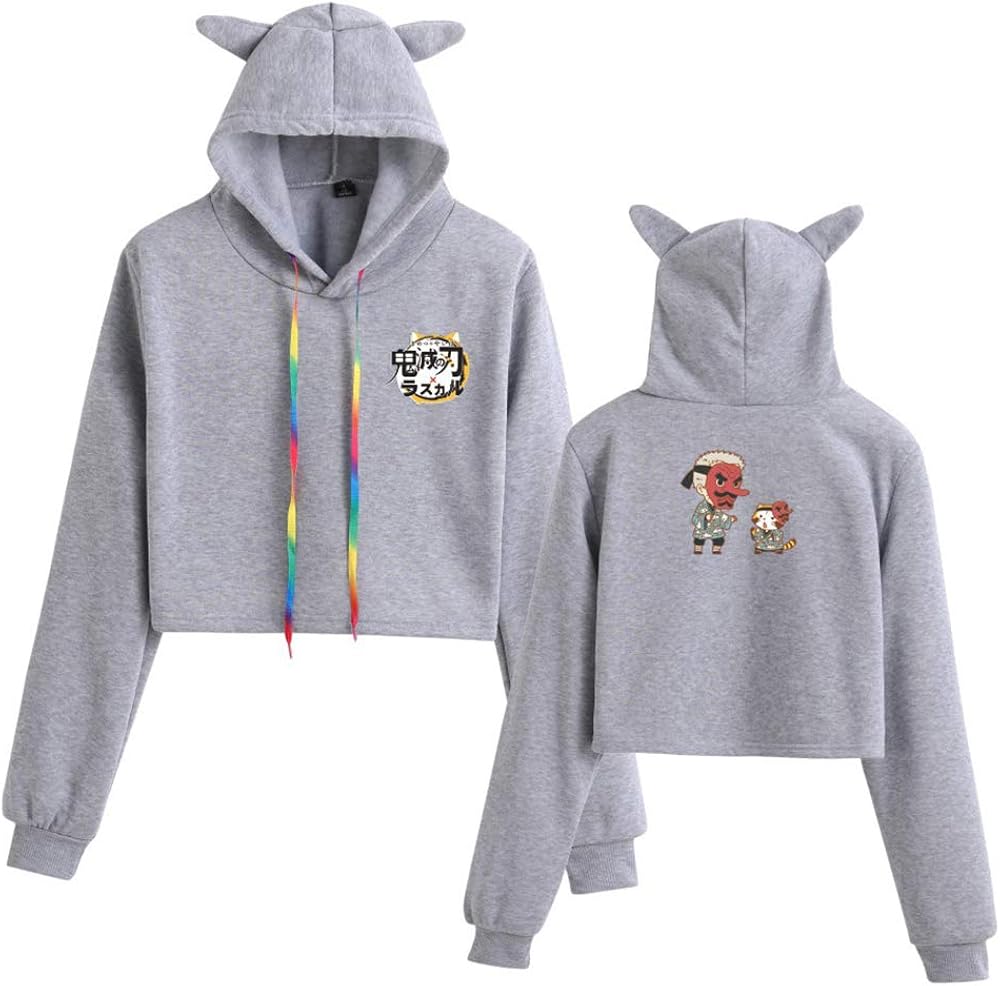 MLXBUMU Demon Slayer Cat Ear Hoodies Women cat Crop top Hoodie Female