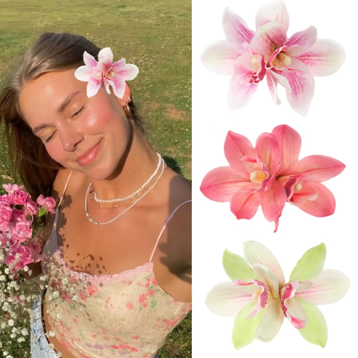 3pcs Hawaiian Flower Hair Clips for Women Orchid Flower Hair Clips Artificial Flower Hair Barrettes Hair Clips for Summer Beach Wedding