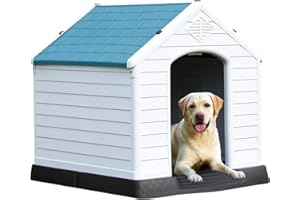 DOPINMIN Extra Large Dog House, 32 Inch Outdoor Dog Kennels, Waterproof Pet Shelter, Durable Plastic Puppy Shelter Kennel for Small Medium Large Dogs with Air Vents & Elevated Floor White Blue