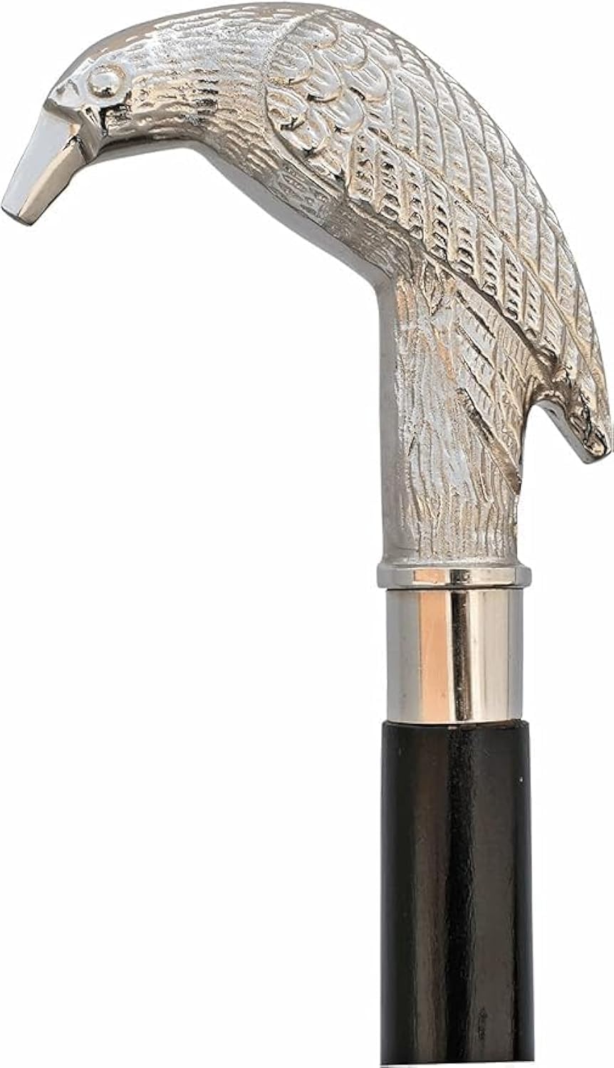 Walking Cane for Men, Women, brass handle knob bird, Mystic Raven Walking Stick, Gothic Swagger Style, black wooden Shaft for seniors (Silver)
