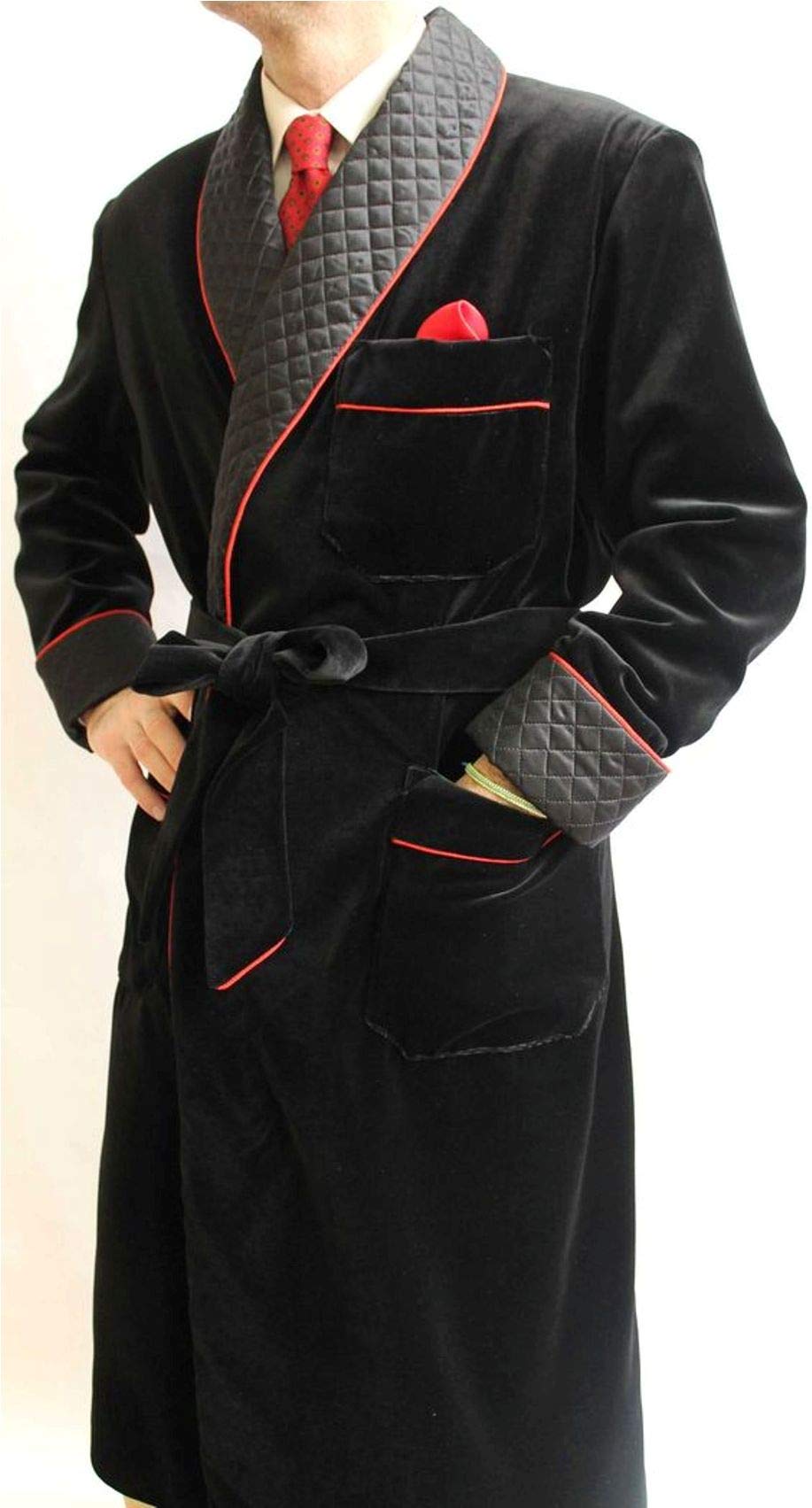 Men Smoking Jacket Quilted Long Black Velvet Coat Hosting Evening Dinner Jacket