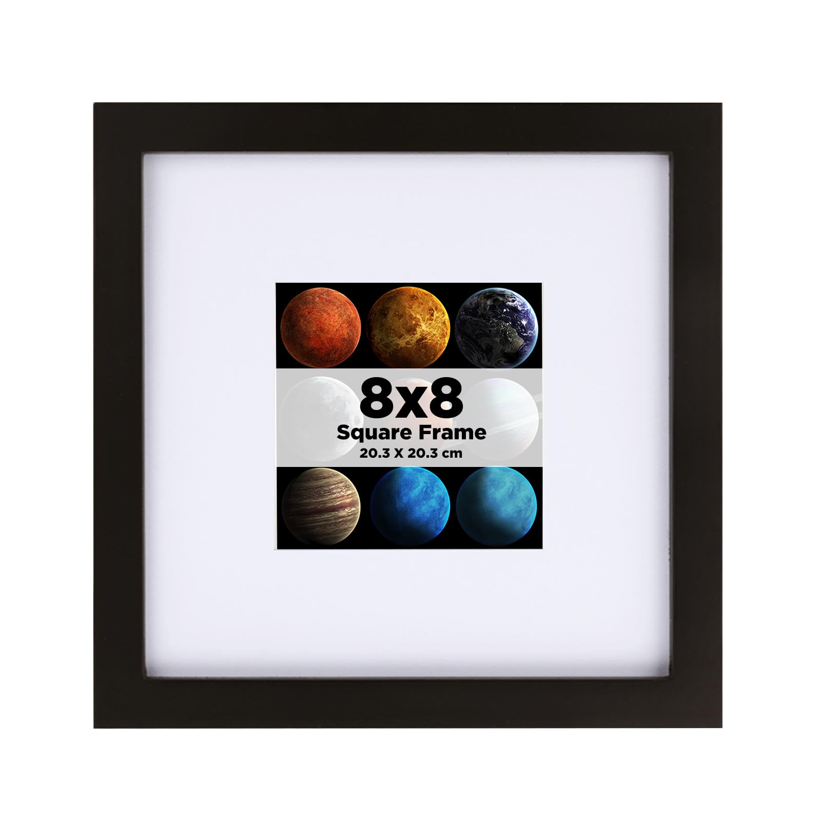 EGOFINE 8x8 Photo Frame, Solid Wood Picture Frame with Acrylic Glass for Picture 4x4 with Mat or 20x20cm without Mat, Square Frame with Mount,Tabletop and Wall Mounting Display,Black