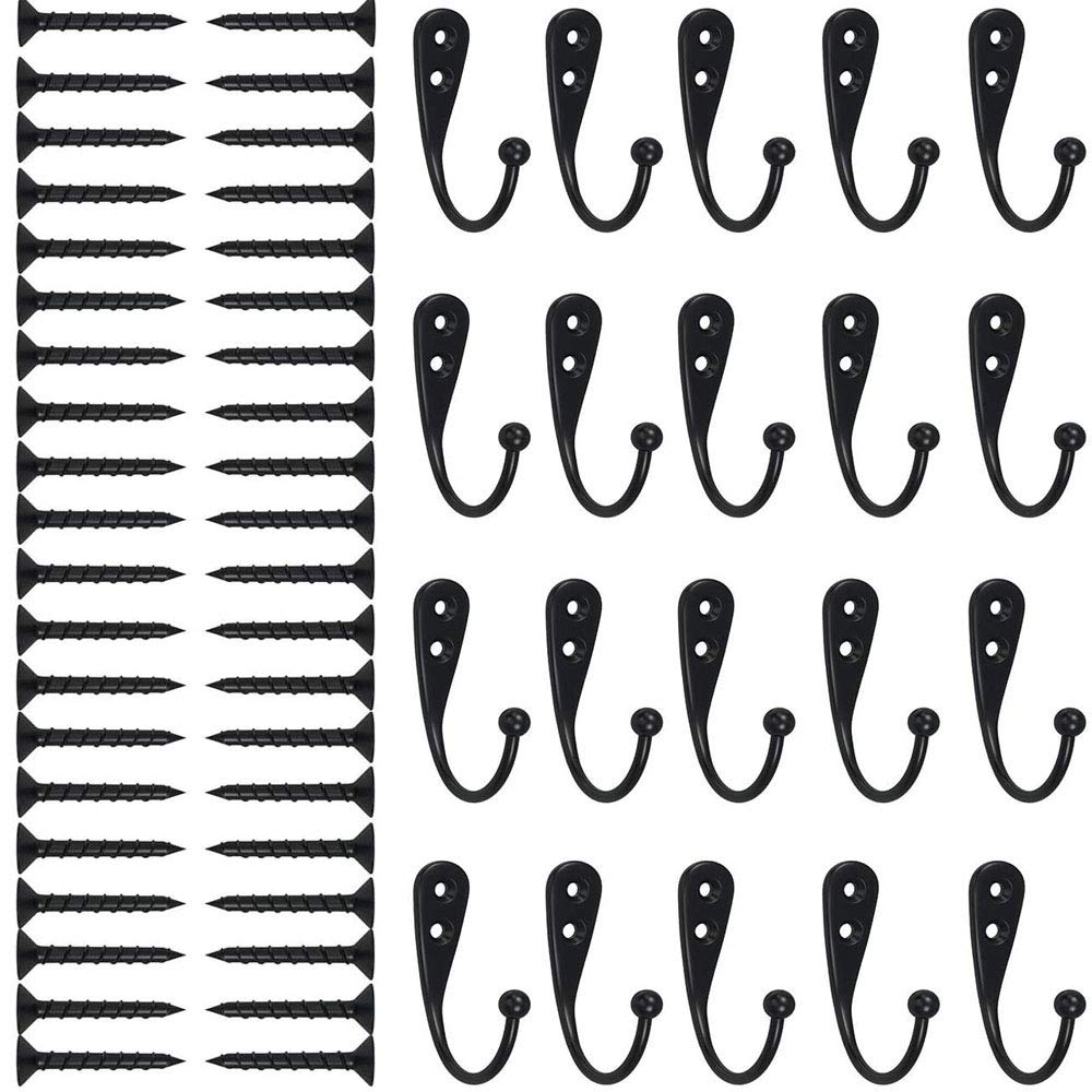 Antique Hooks, 20 Pcs Single Coat Hooks, Retro Style Single Hook Design Antique Hat Wall Mounted Hook for Kitchen, Bathroom, Bedroom - Black(Mounting Screws Provided)